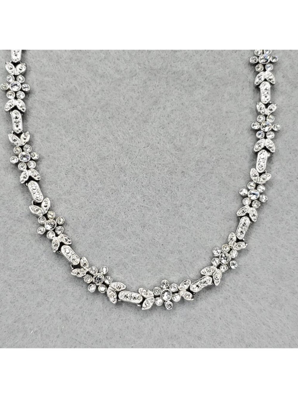 Vintage Rhinestone Necklace Floral Link Choker Silver Tone Dainty Wedding 15.5”